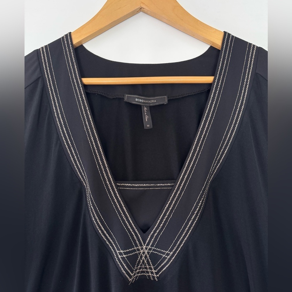 BCBG Max Azria Black Embroidered Caftan Dress Handkerchief Hem Kimono Sleeve - Picture 7 of 12